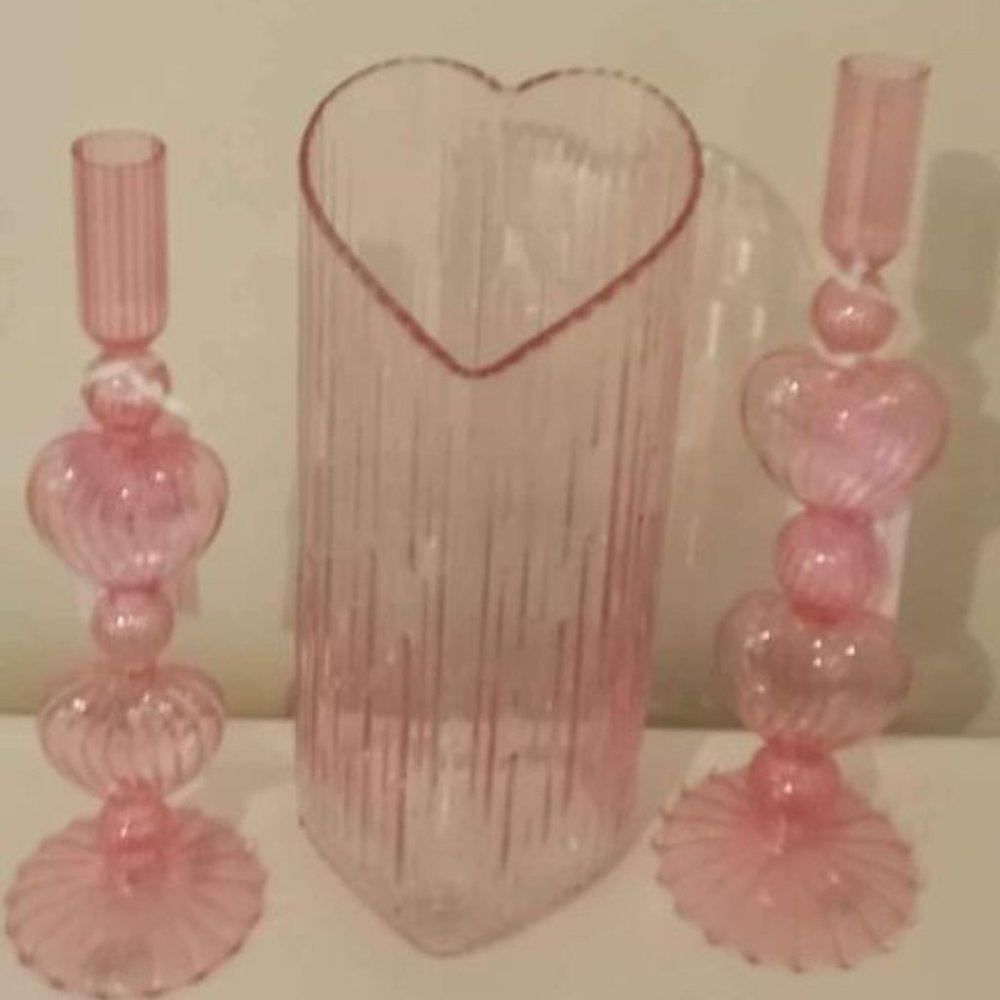 Cupcakes and Cashmere Pink Heart Valentine's Day Candle sticks with Heart Vase